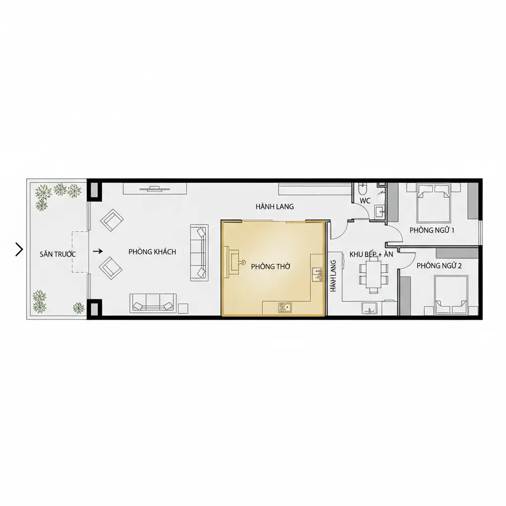 2D floor plan of a narrow house highlighting the central prayer room with other living spaces