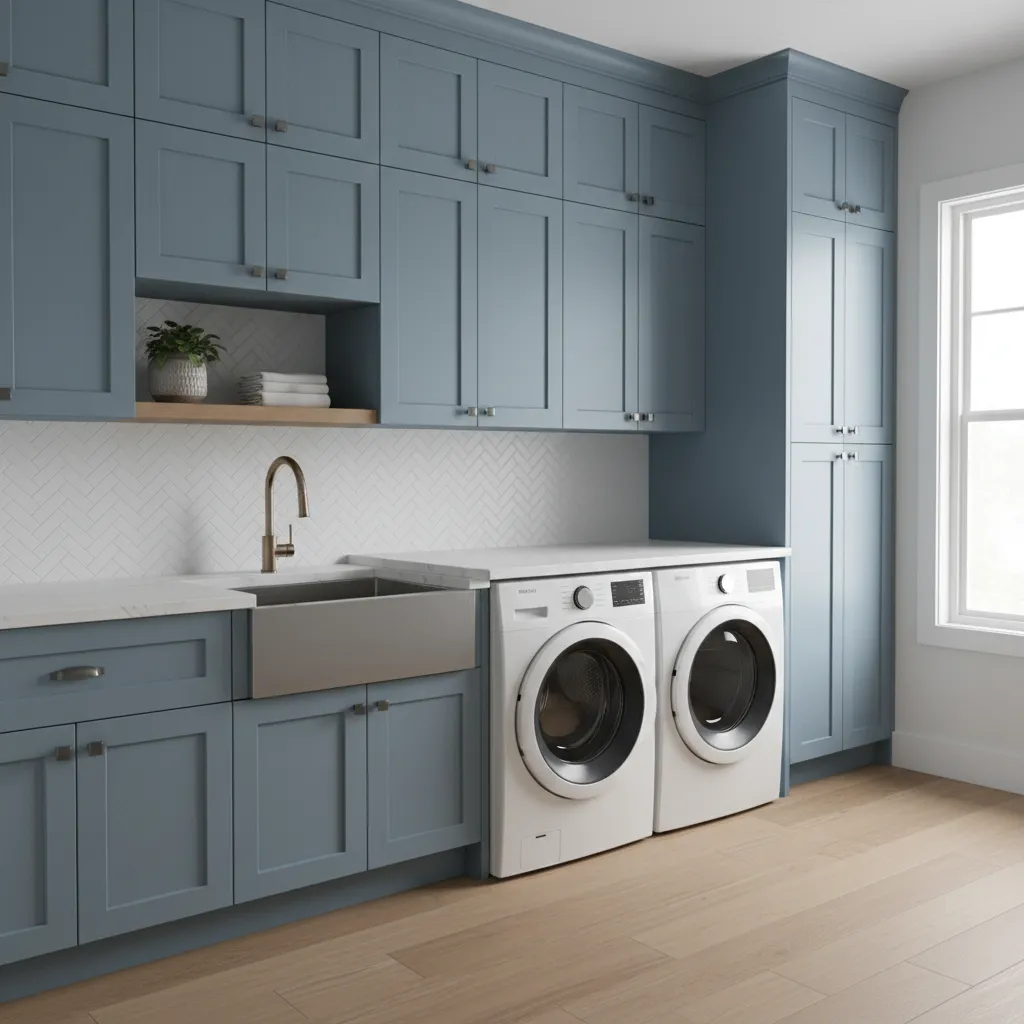Dusty blue laundry cabinets paired with white walls and light wood floor