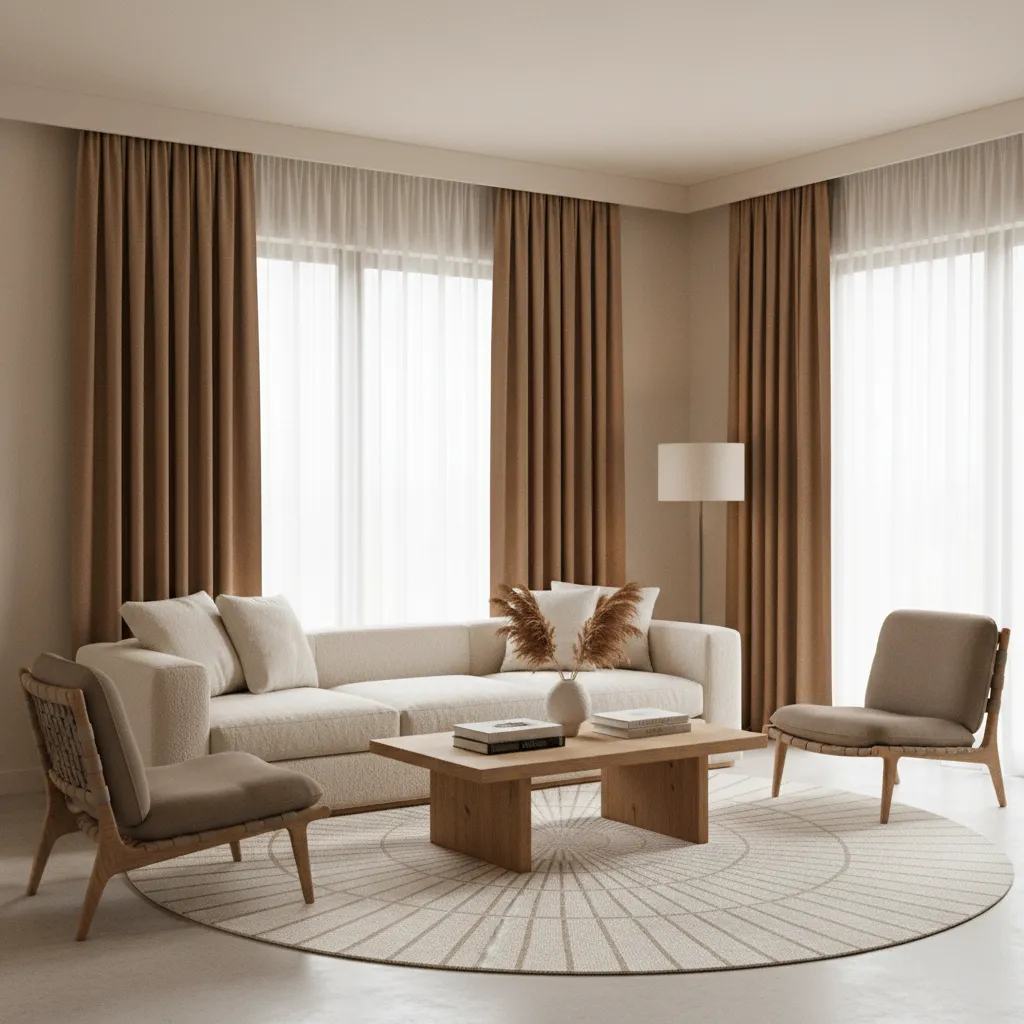 Brown curtains paired with beige and white living room walls