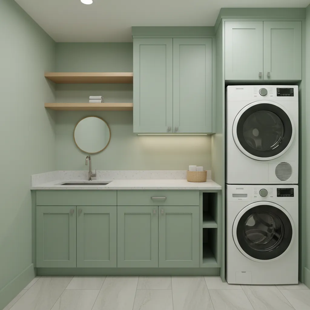 Laundry room where cabinets and walls share the same soft color