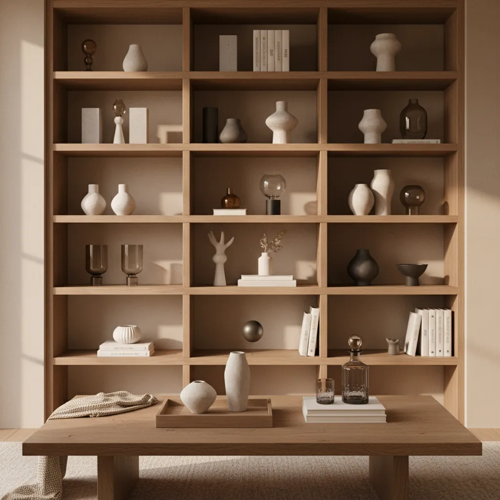 home decor pieces arranged by material and style harmony in a living room