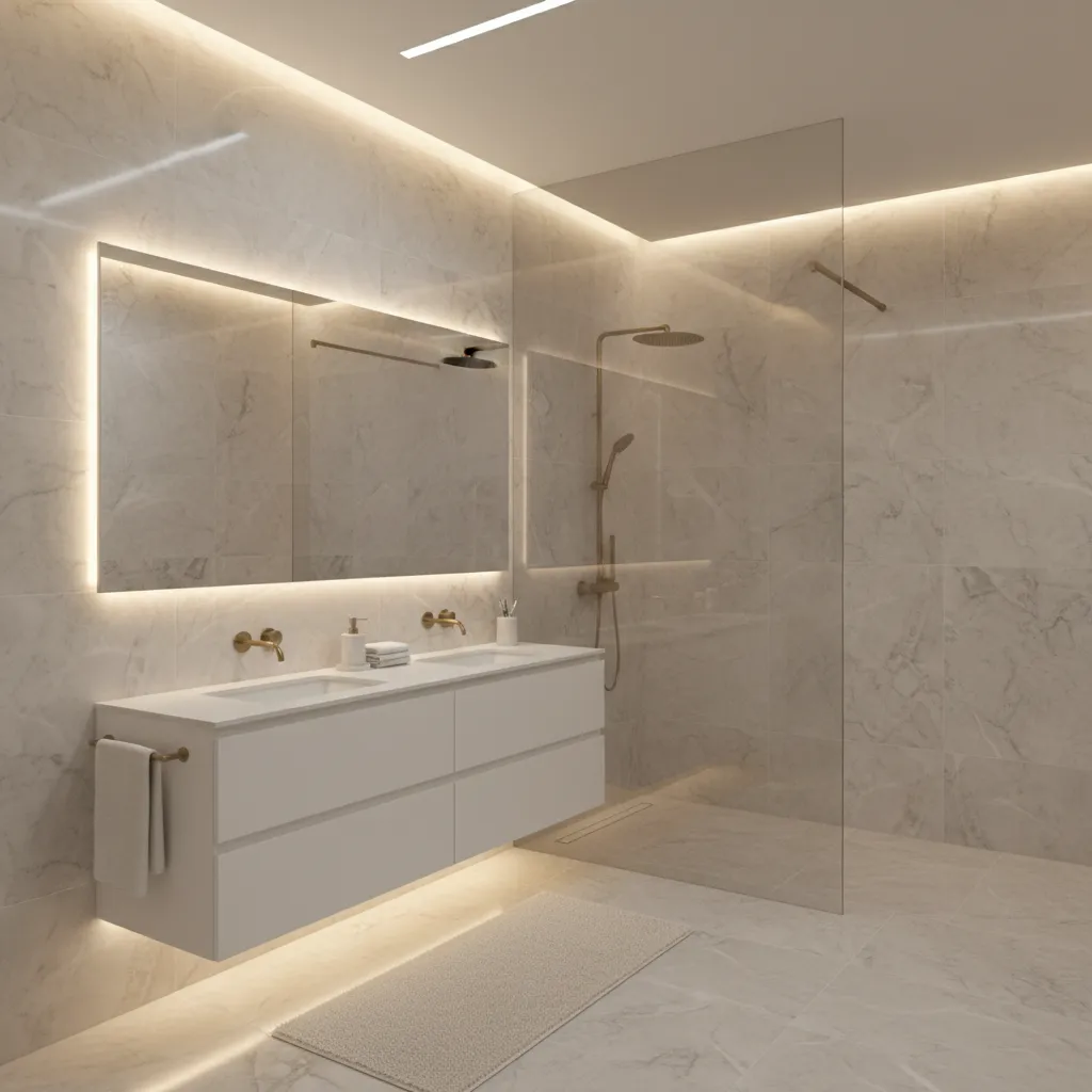 Small bathroom using the same tile on floor and walls for a seamless design
