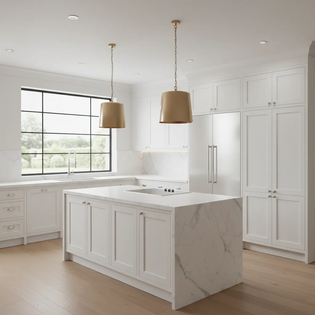 White kitchen cabinets with matching toe kick panel