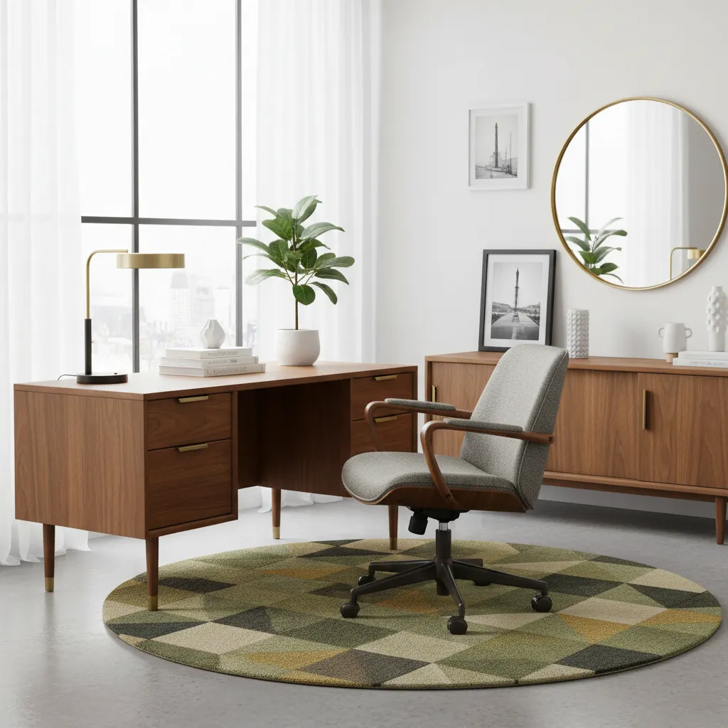 home office where chair color and materials match desk and decor