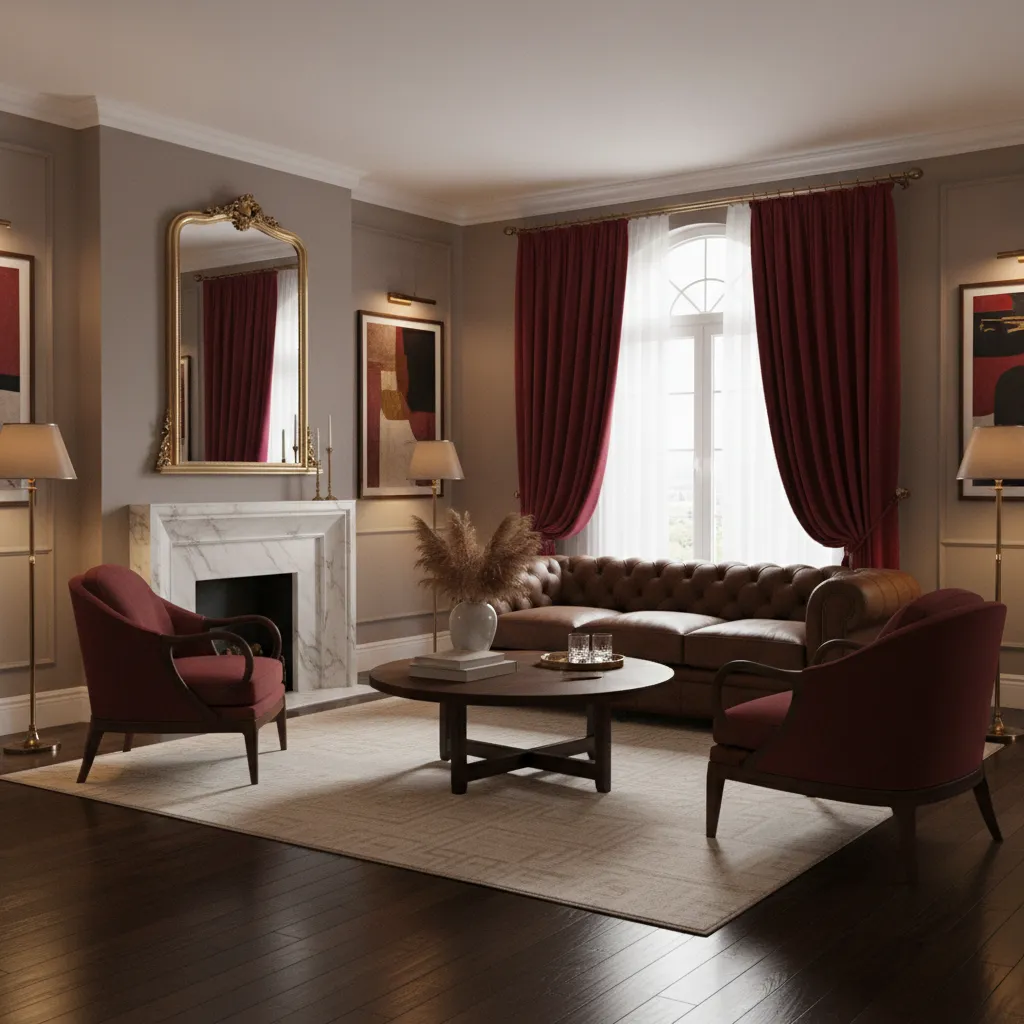 Red curtains coordinated with wood flooring and neutral furniture