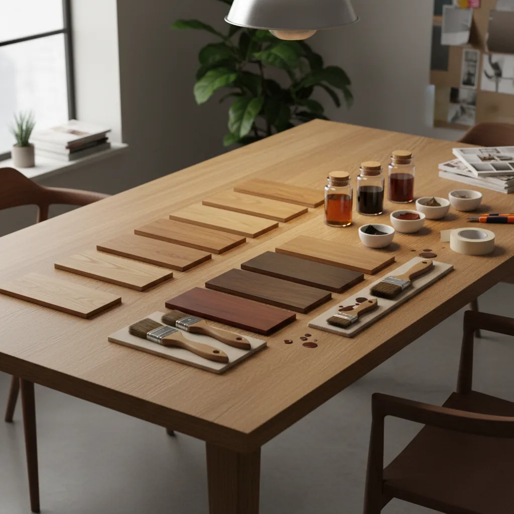 Different wood stain samples used to match hardwood floor repair color