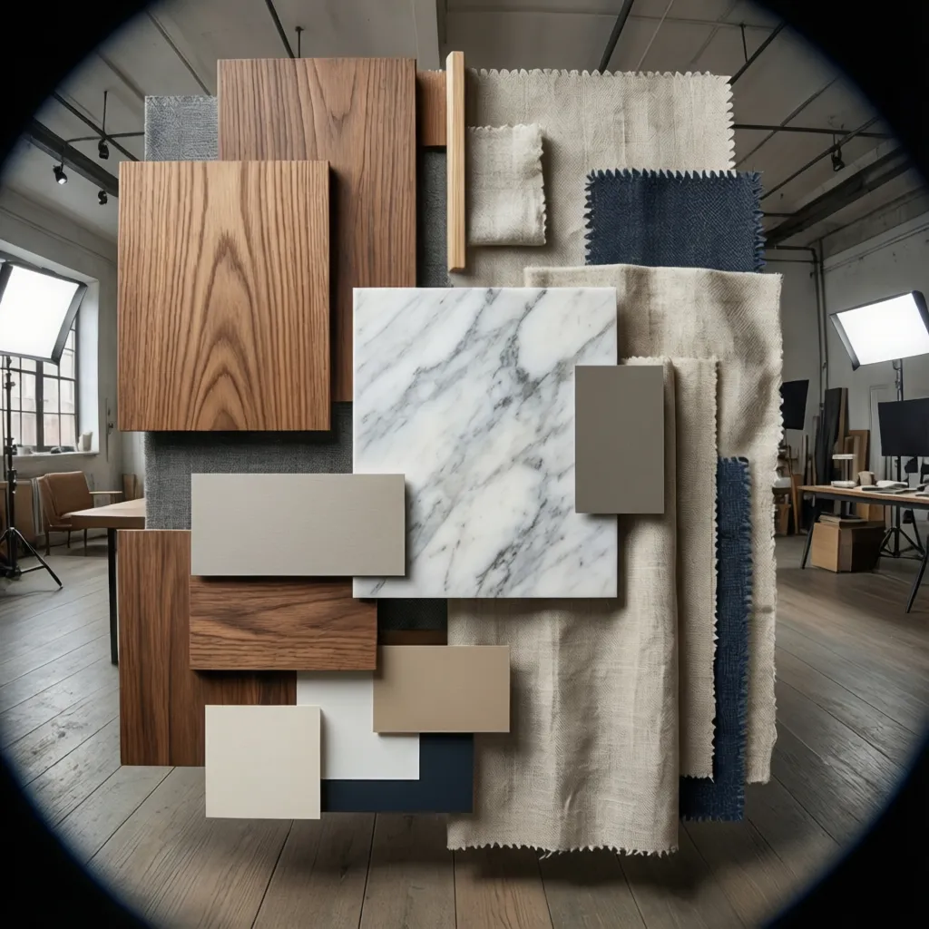 Collage de interiores con materiales como madera, piedra y textiles
