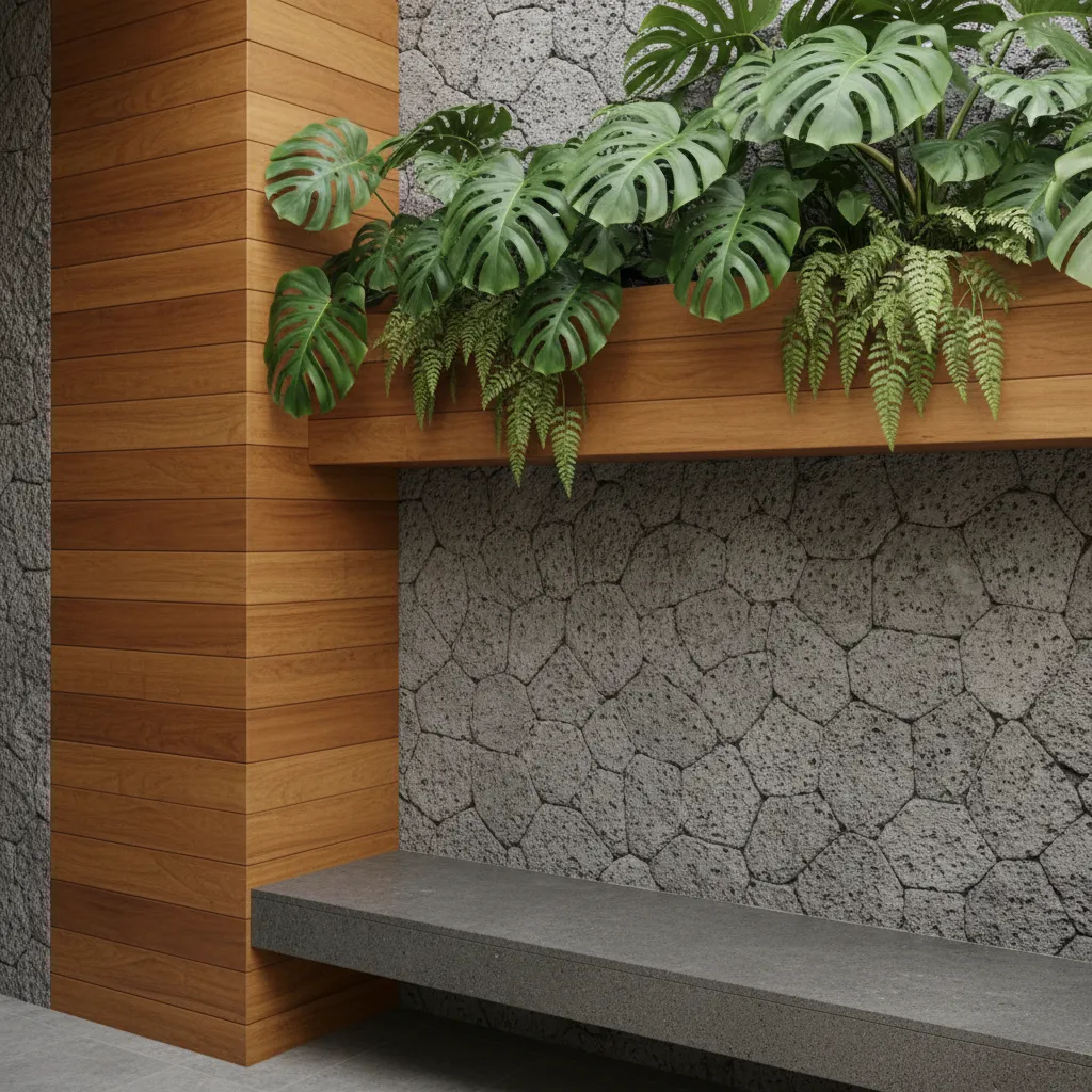 Detail material batu alam dan kayu pada rumah Bali modern