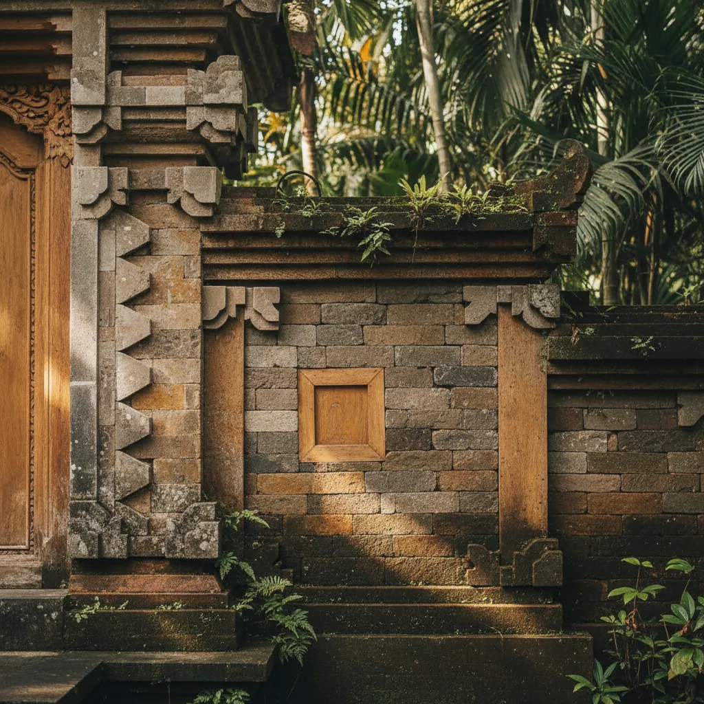 Detail material batu alam dan kayu pada rumah Bali