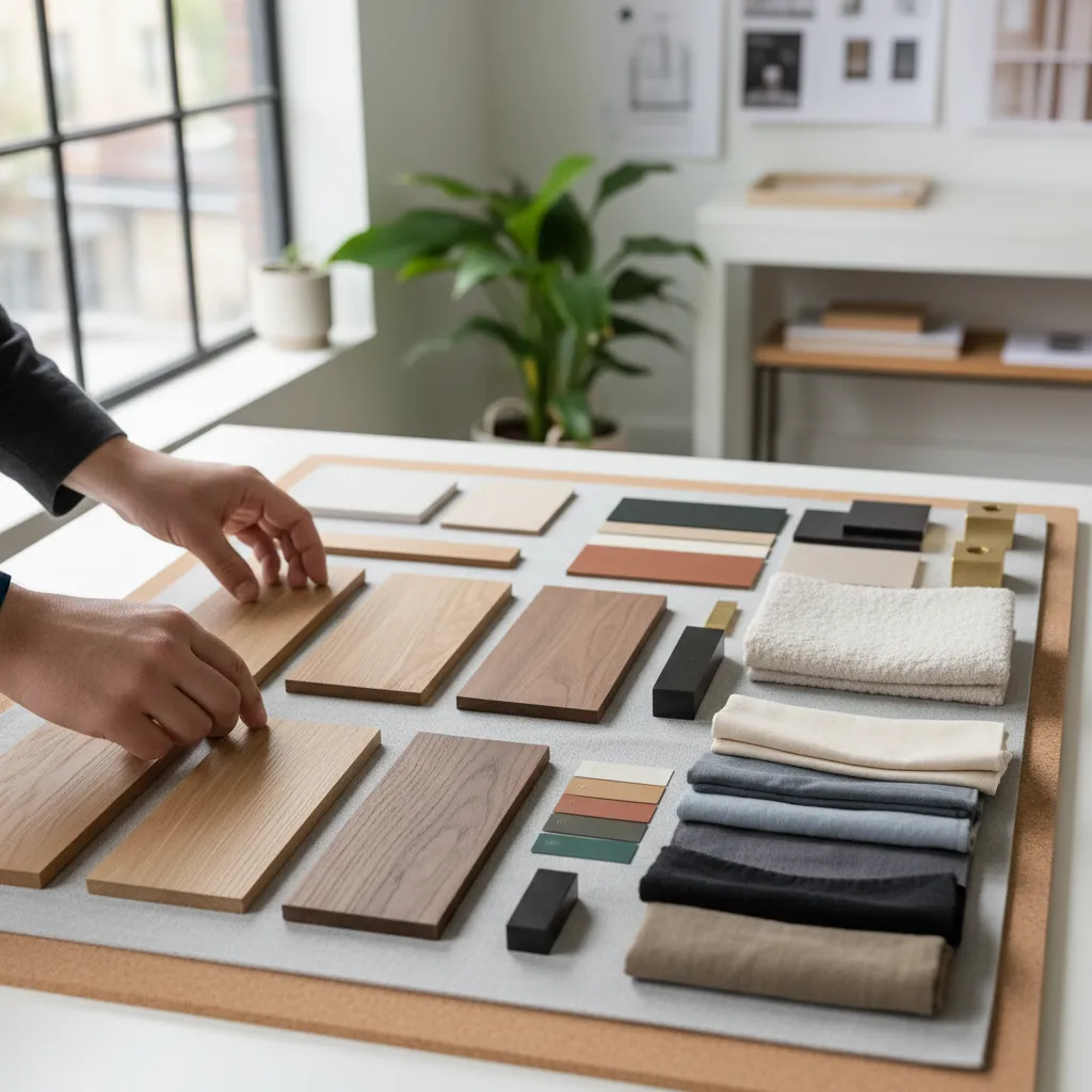 Interior designer arranging wood, fabric and color samples for coordinated material palette