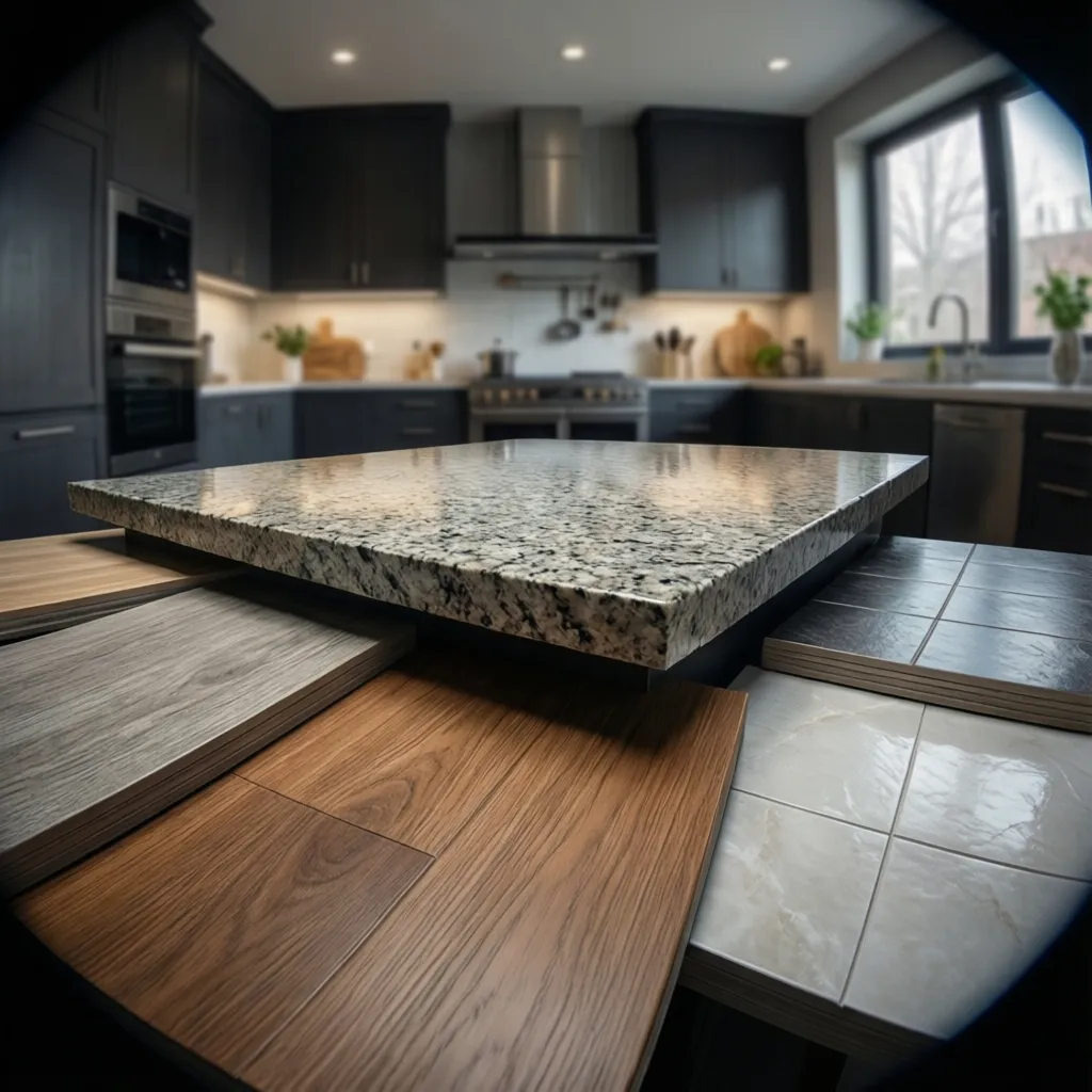 comparison of interior materials like quartz countertop and engineered wood flooring