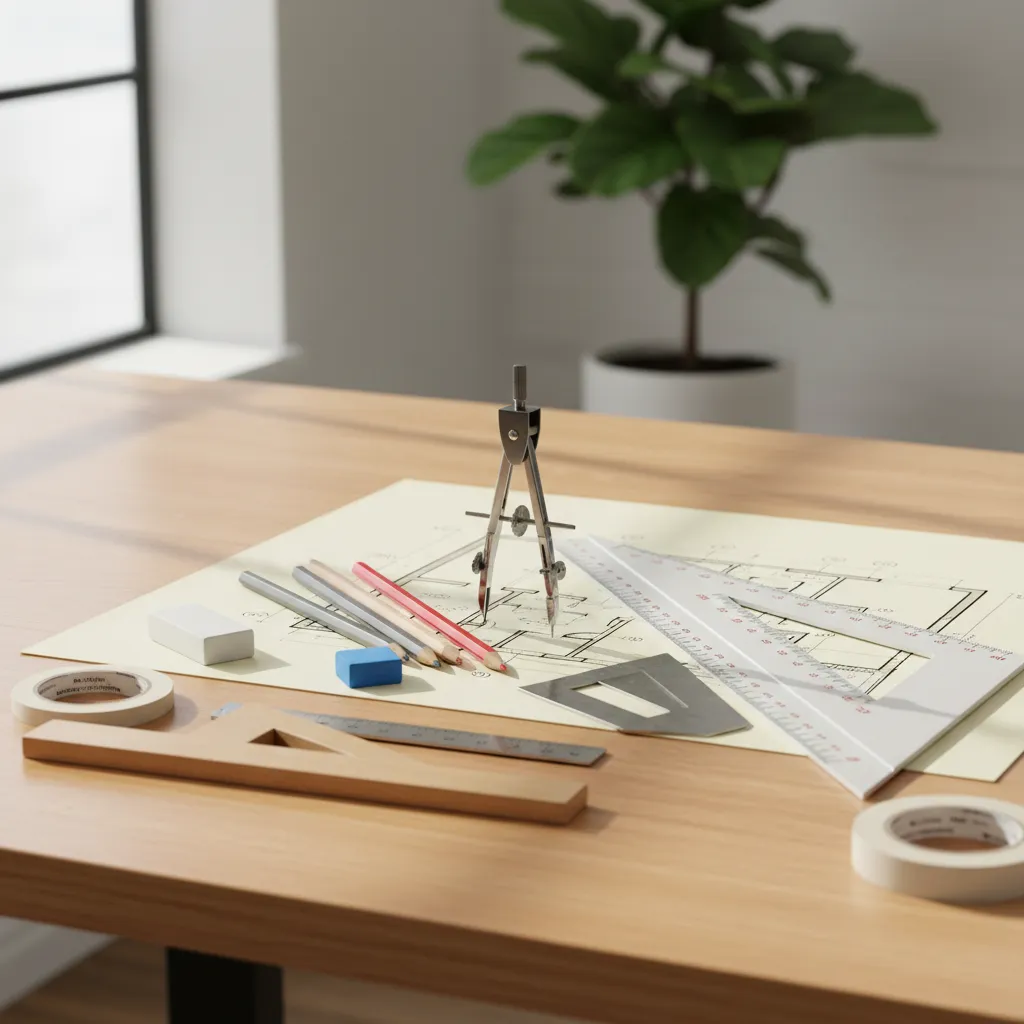 Herramientas de dibujo técnico utilizadas para practicar exámenes de diseño