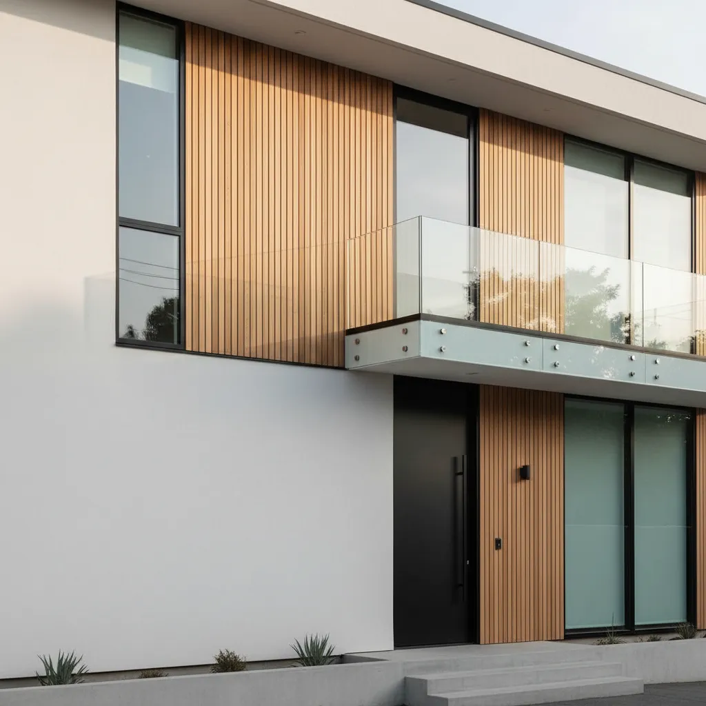 Detail material fasad rumah minimalis dengan kayu dan dinding putih