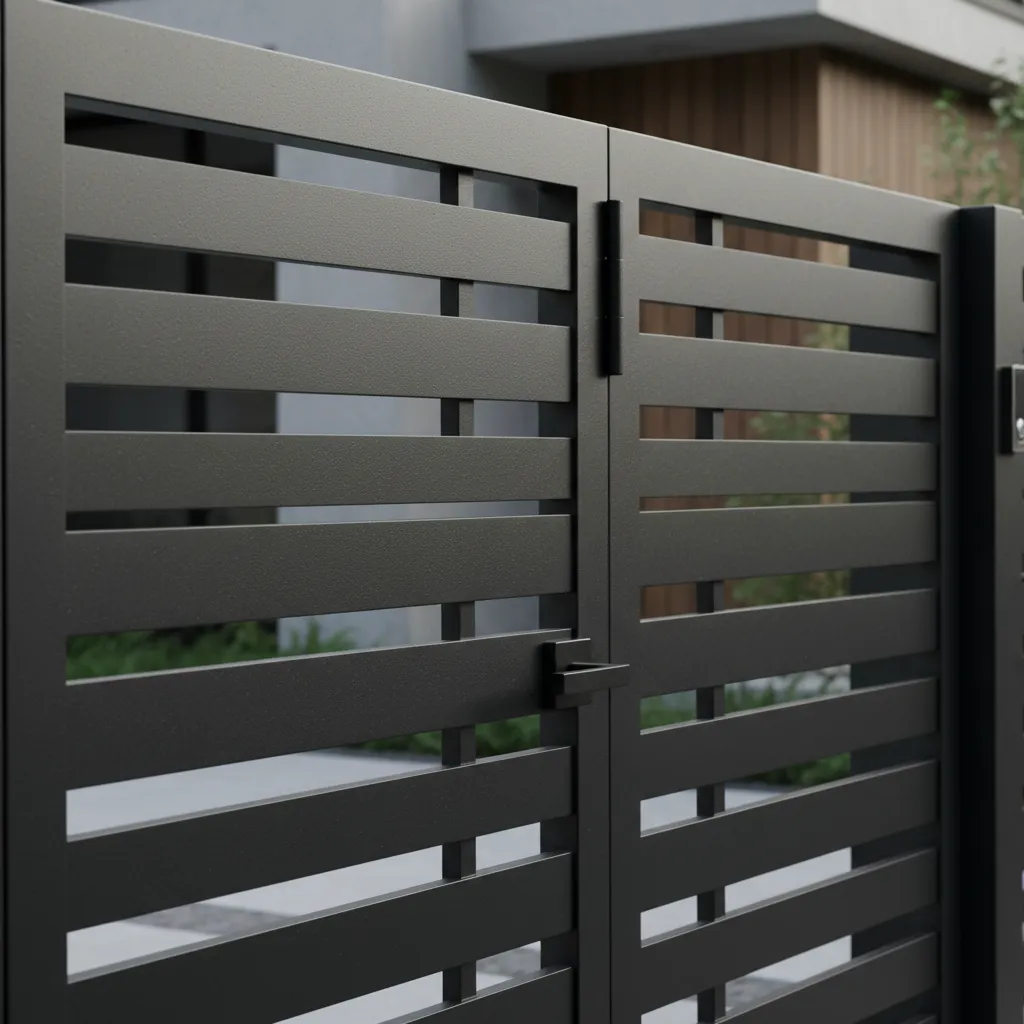 Detail material gerbang baja galvanis pada rumah modern