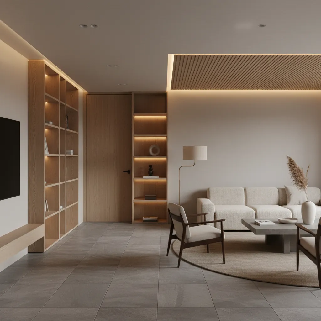 Interior rumah modern dengan kombinasi material kayu dan warna netral