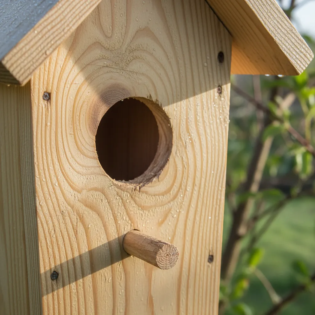 Natural wood birdhouse showing a round hole entrance and a small wooden perch for birds
