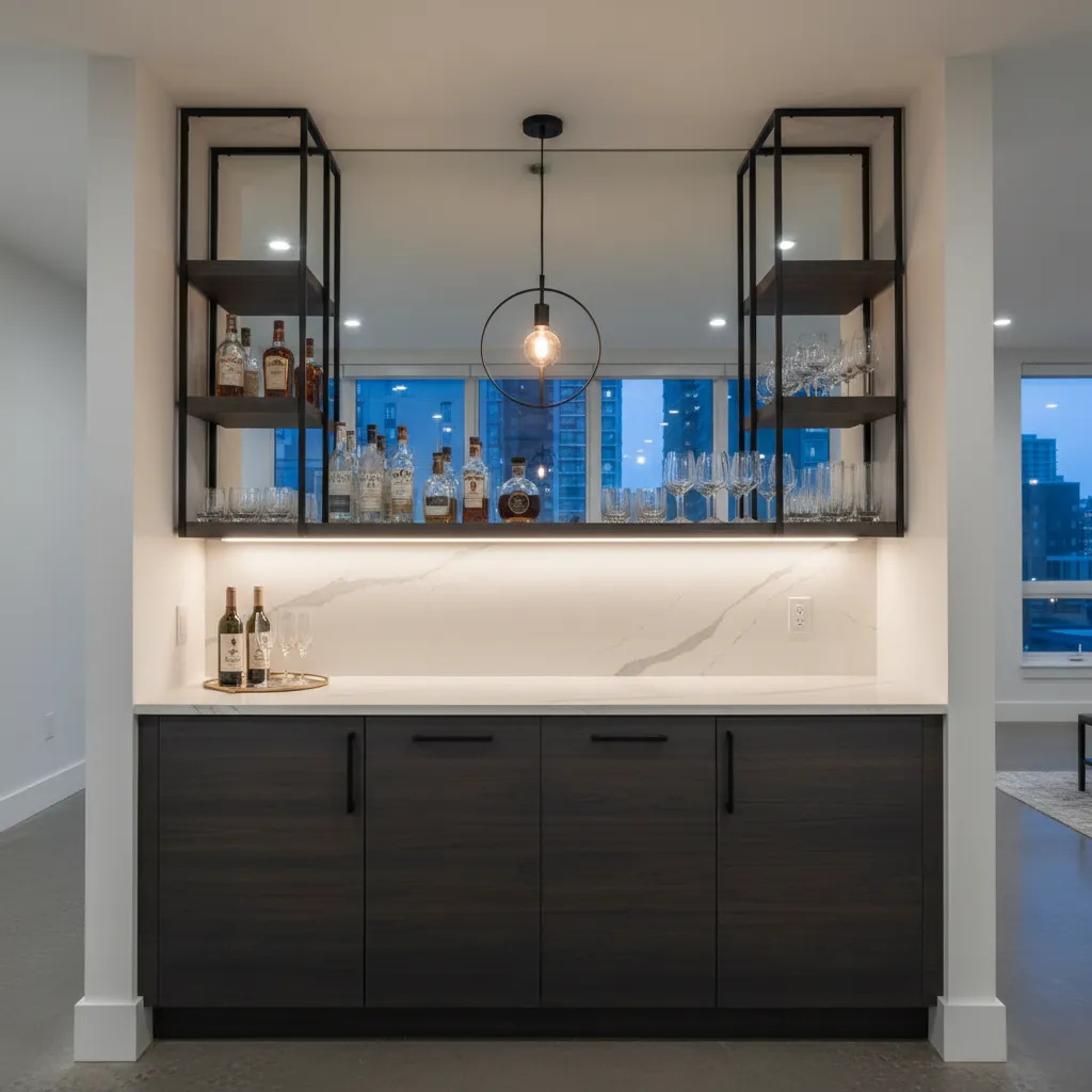 Mini bar dengan top table batu dan kabinet kayu