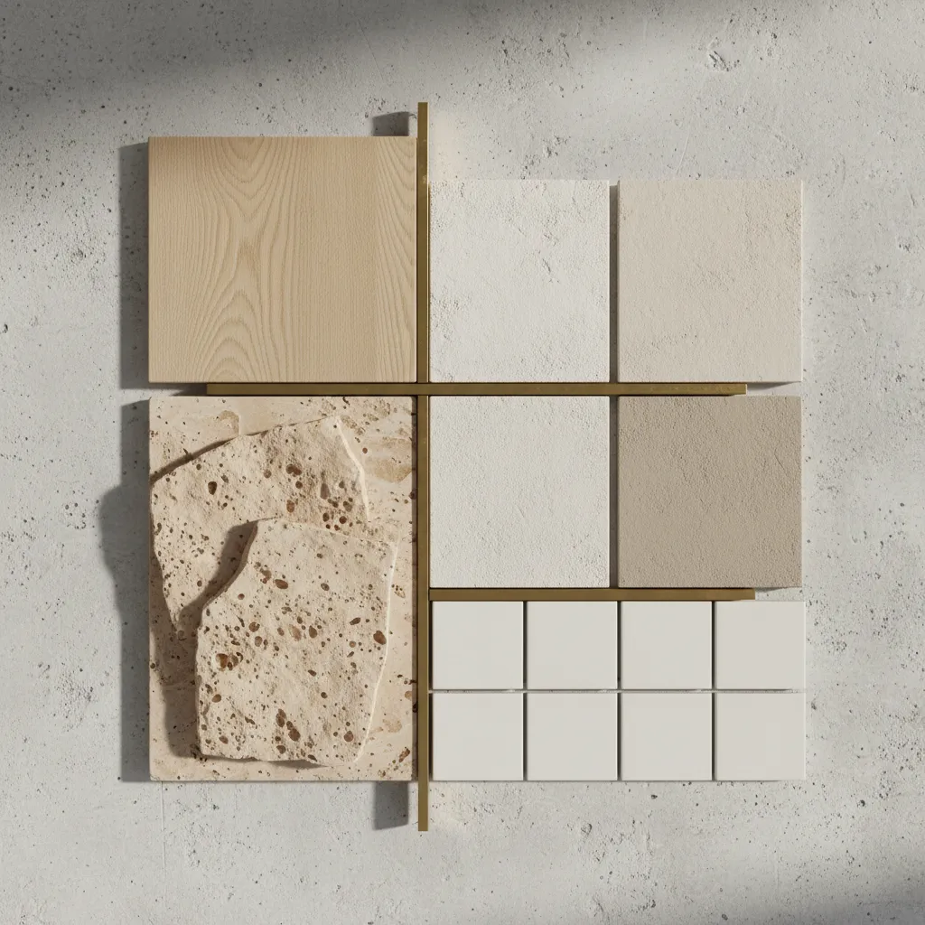 Flat lay of light oak, warm limestone, matte stucco, brass, and ceramic tile samples.