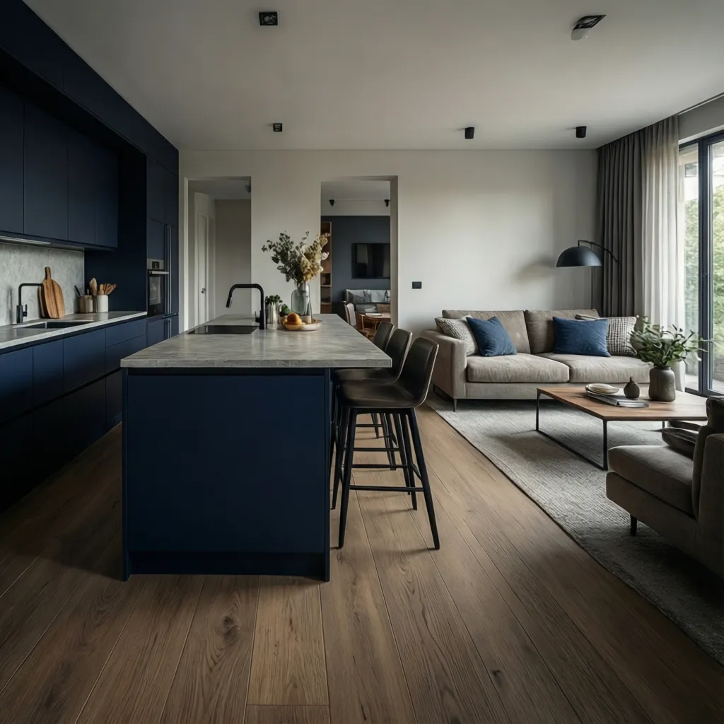 Kitchen island color repeated in living room furniture creating cohesive interior palette
