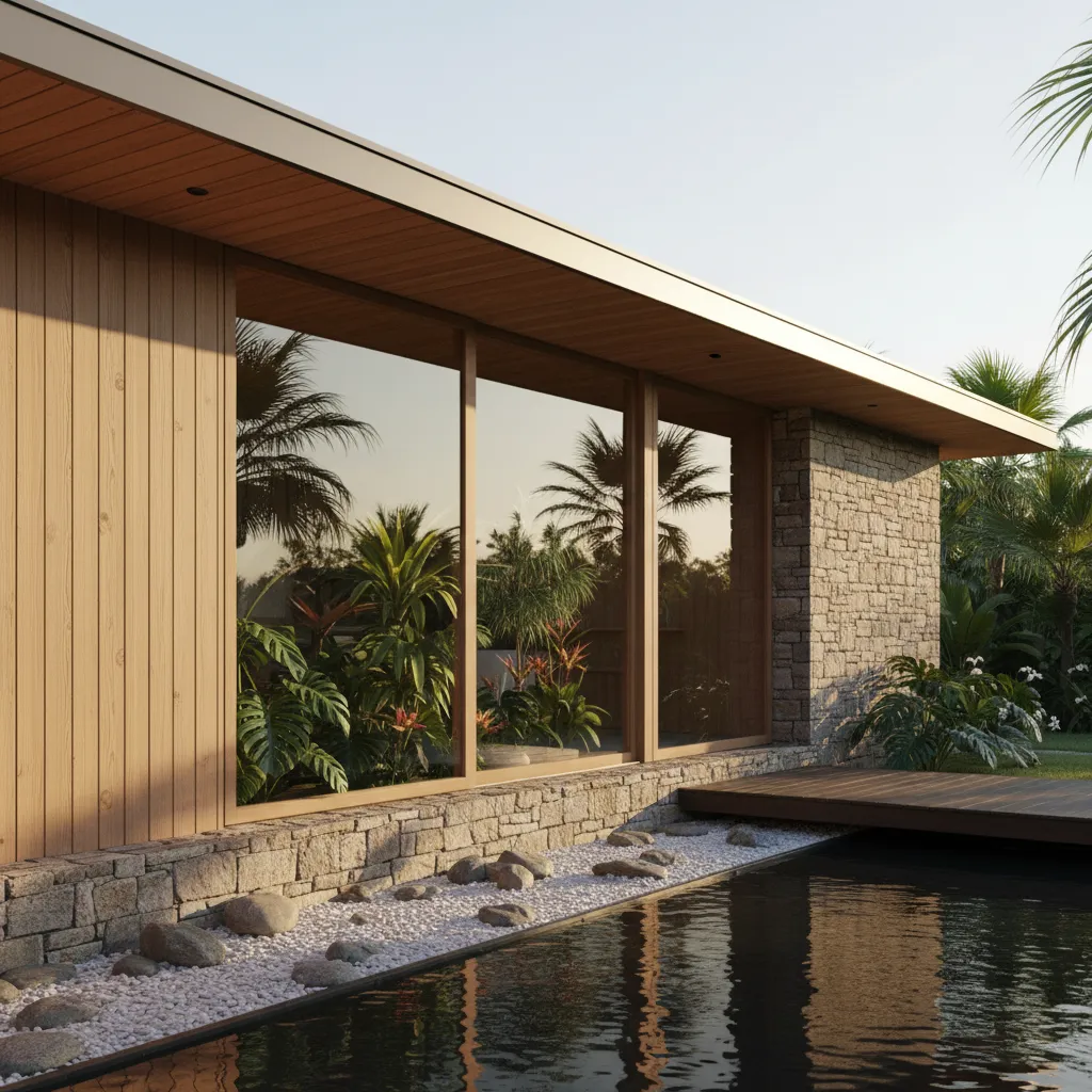 Penggunaan kayu dan batu alam pada rumah kebun minimalis
