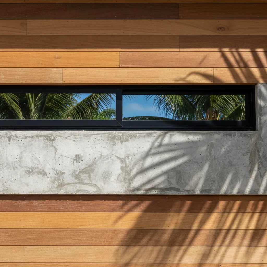 Detail material kayu dan beton pada rumah tepi pantai