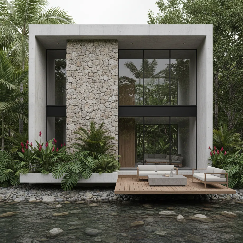 Fasad rumah menggunakan batu alam dan beton dekat sungai