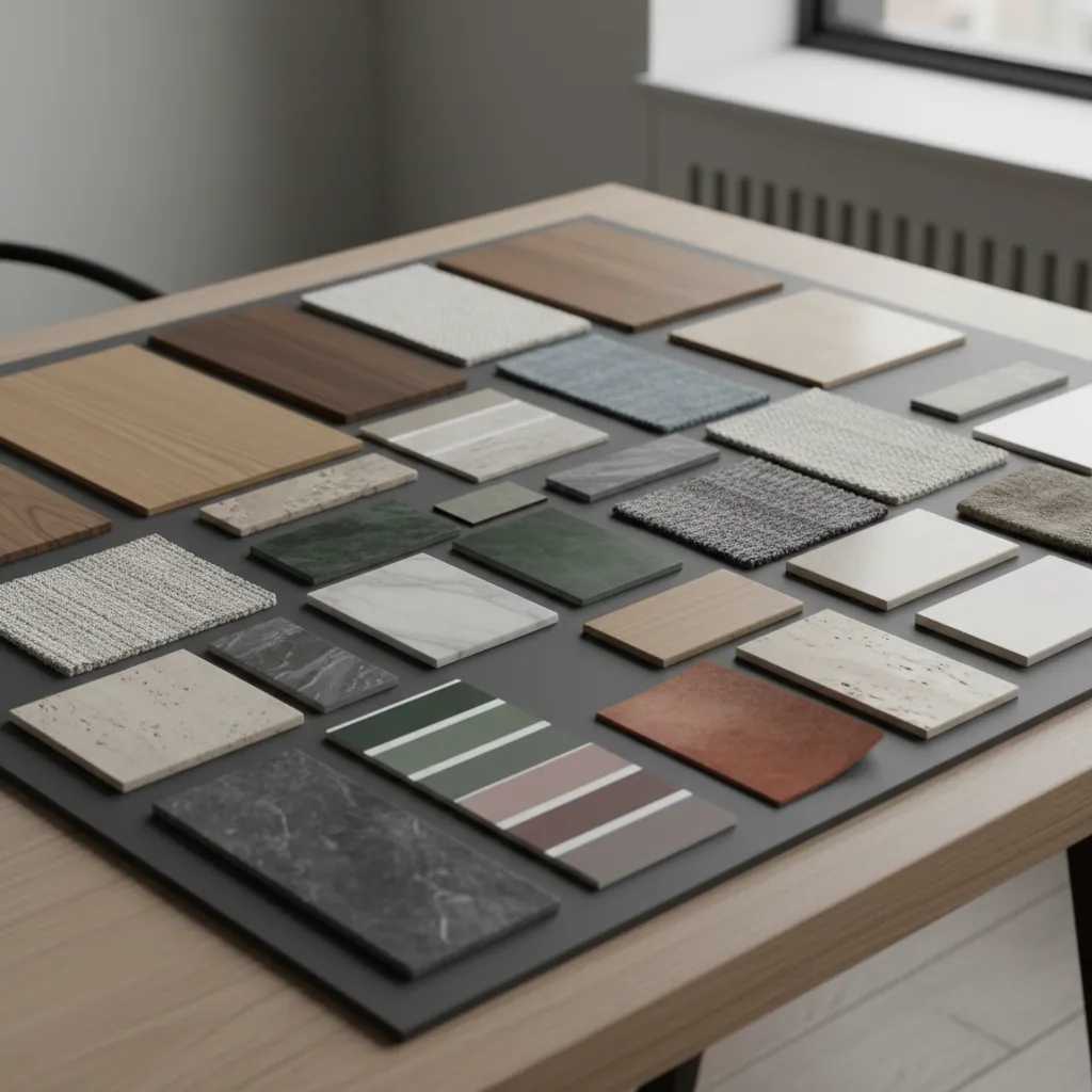 Collection of interior design material samples including wood, stone, and fabric on a wooden table