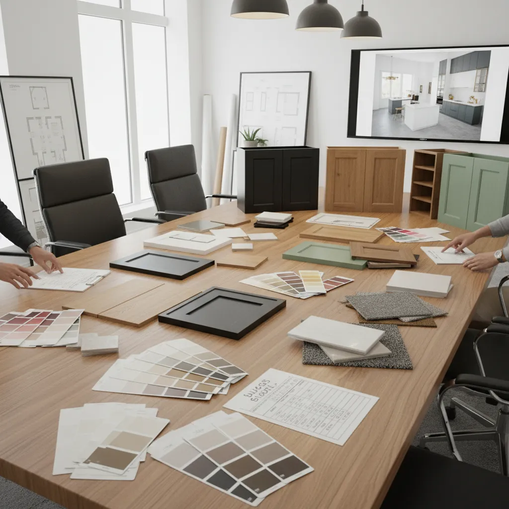 Investor selecting flooring and cabinet materials for renovation