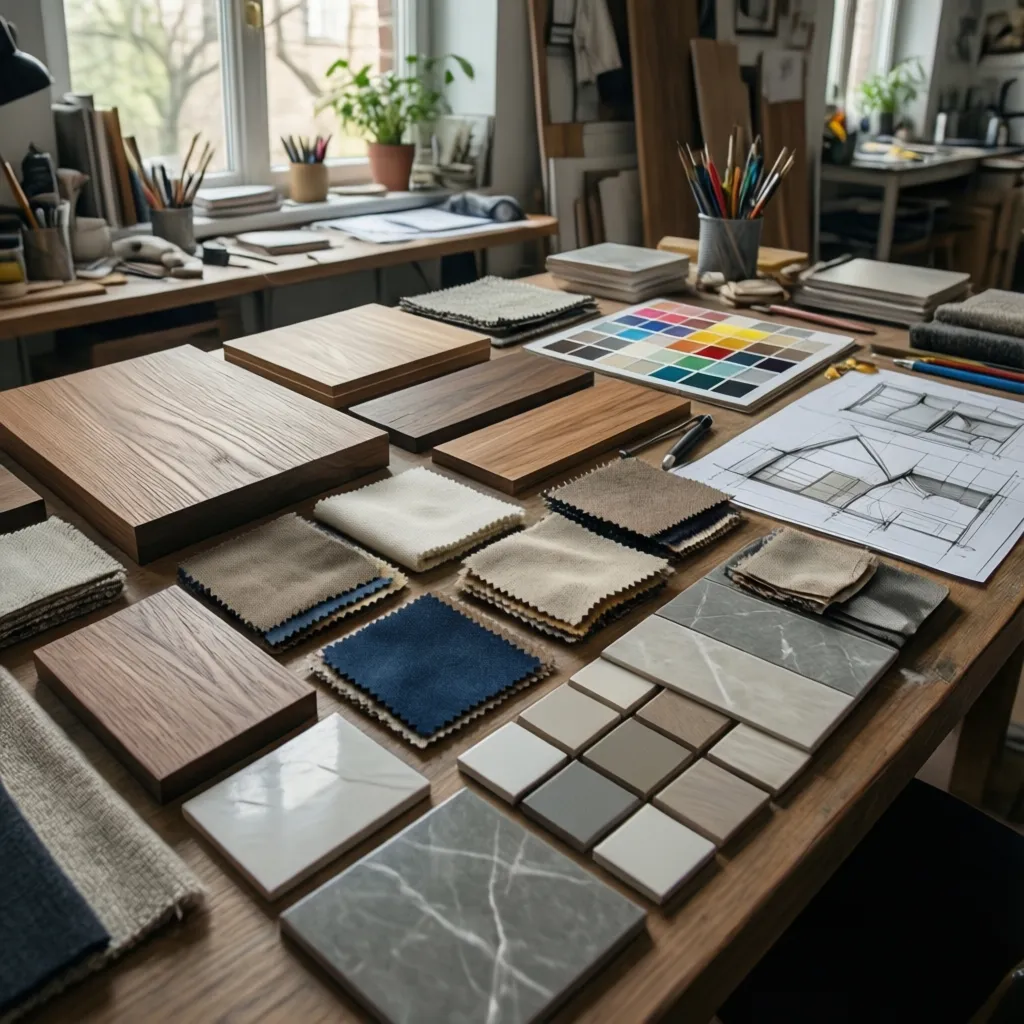 Selección de materiales y acabados sobre una mesa de diseño interior