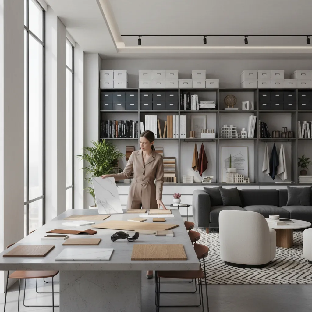 Interior designer comparing material samples for a Bangalore home renovation