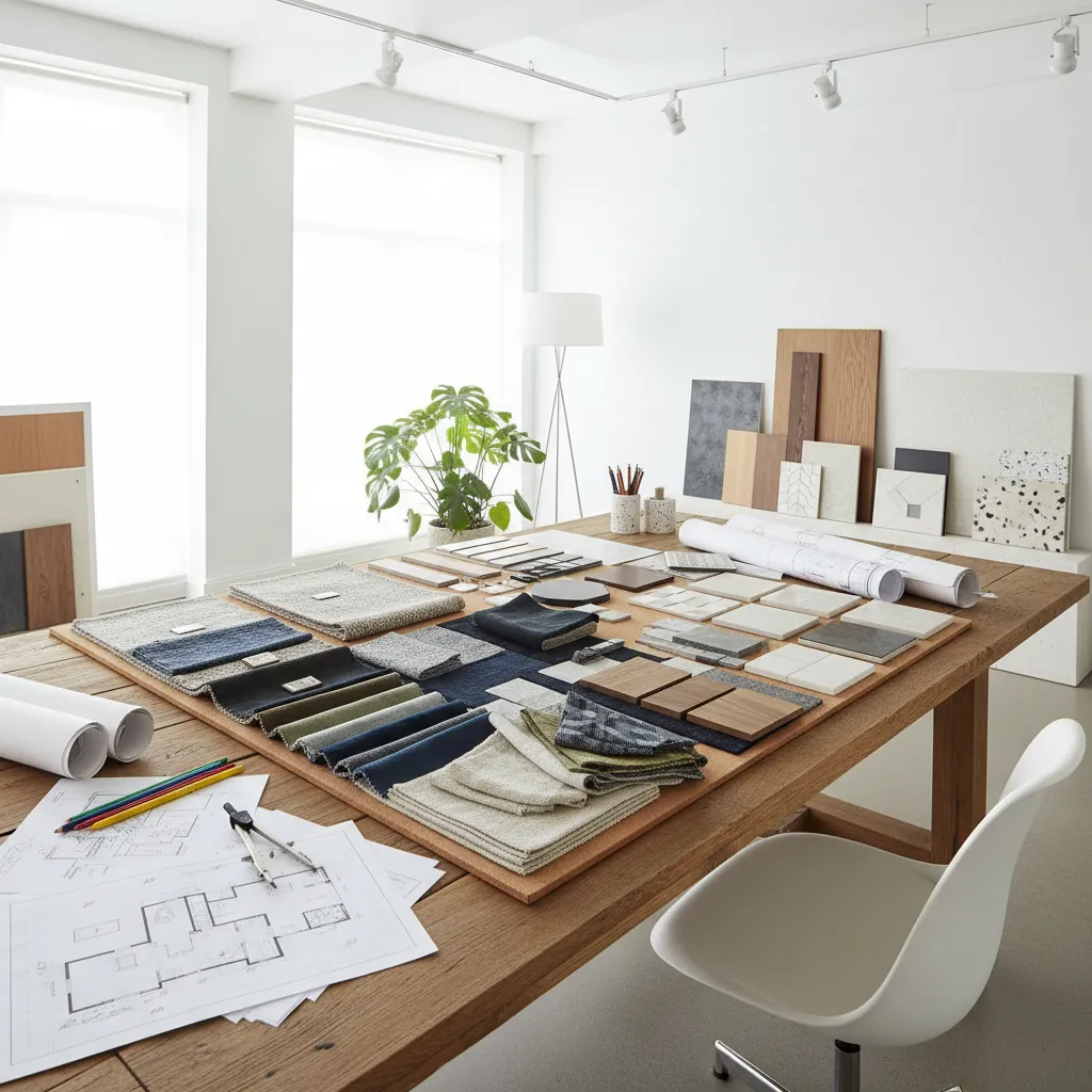 Interior design material board with samples for flooring fabrics and finishes on a workspace table