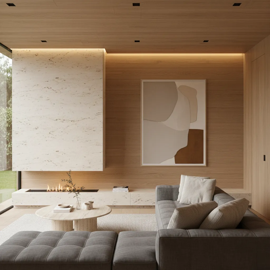 Modern interior highlighting material selection including wood stone and soft lighting