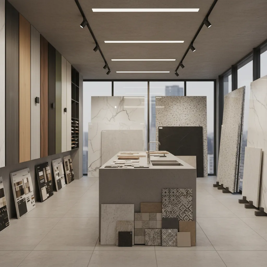 Interior design showroom displaying various wall panels, floor tiles, stone slabs, and a kitchen island