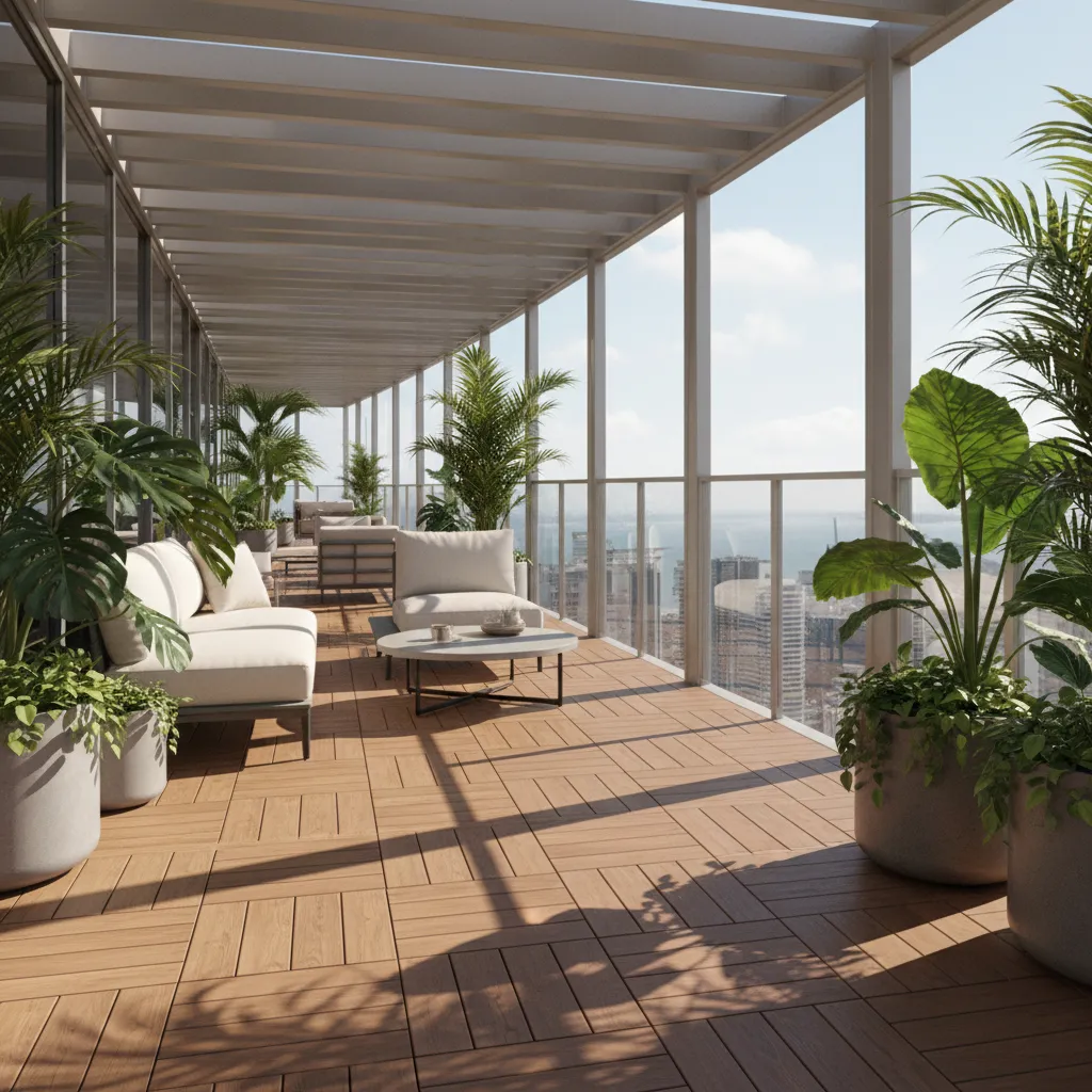 Material lantai kayu sintetis dan railing kaca pada teras lantai dua