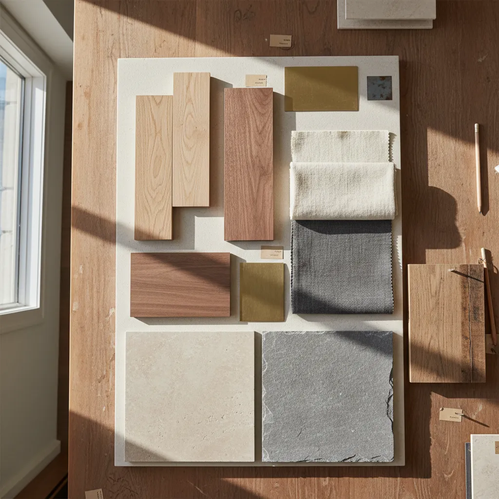 Interior design material board with wood samples fabric swatches stone tiles and metal on table