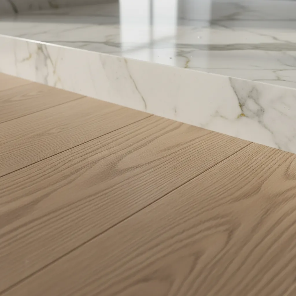 Detalle de textura realista de madera y piedra en un render de interior