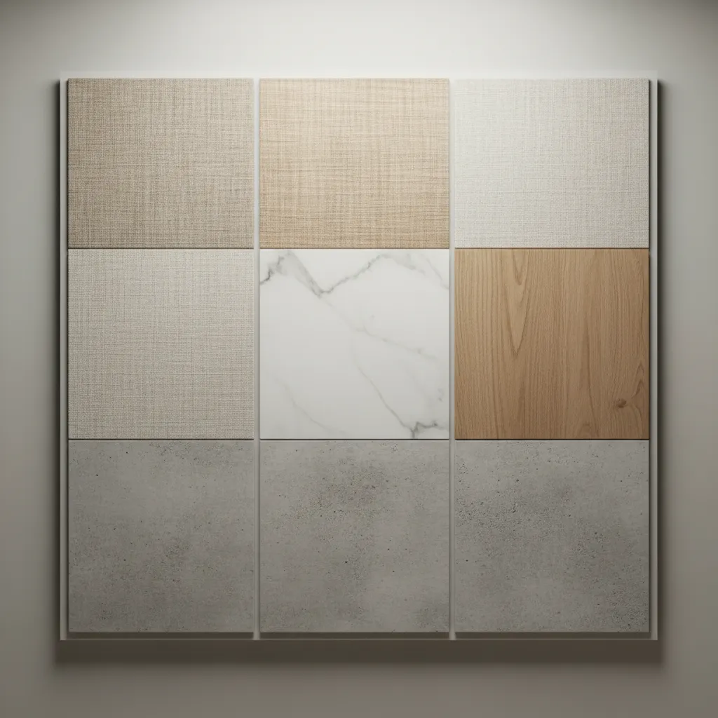 interior design mood board featuring linen marble wood and concrete textures