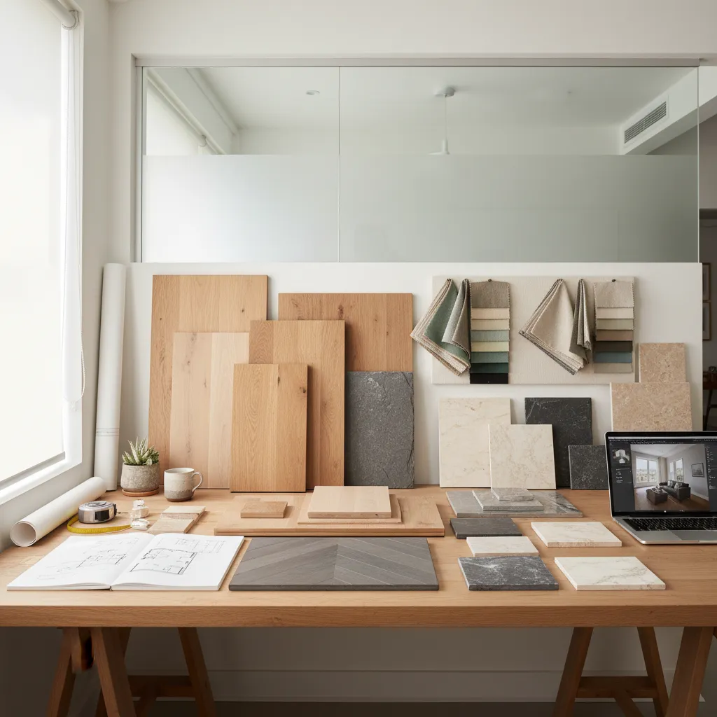 Muestras de materiales de acabados para interiores sobre una mesa de trabajo