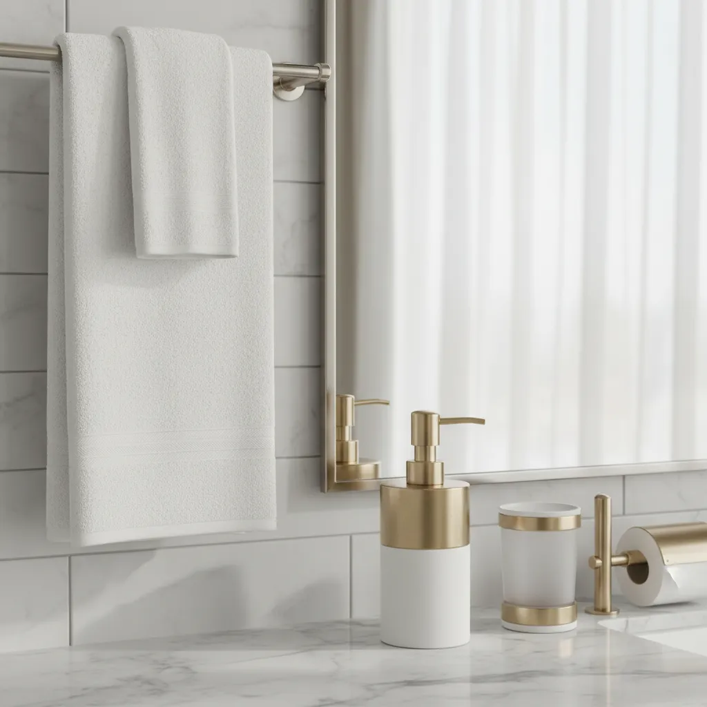 Detalle de accesorios de baño en acero inoxidable y latón cepillado