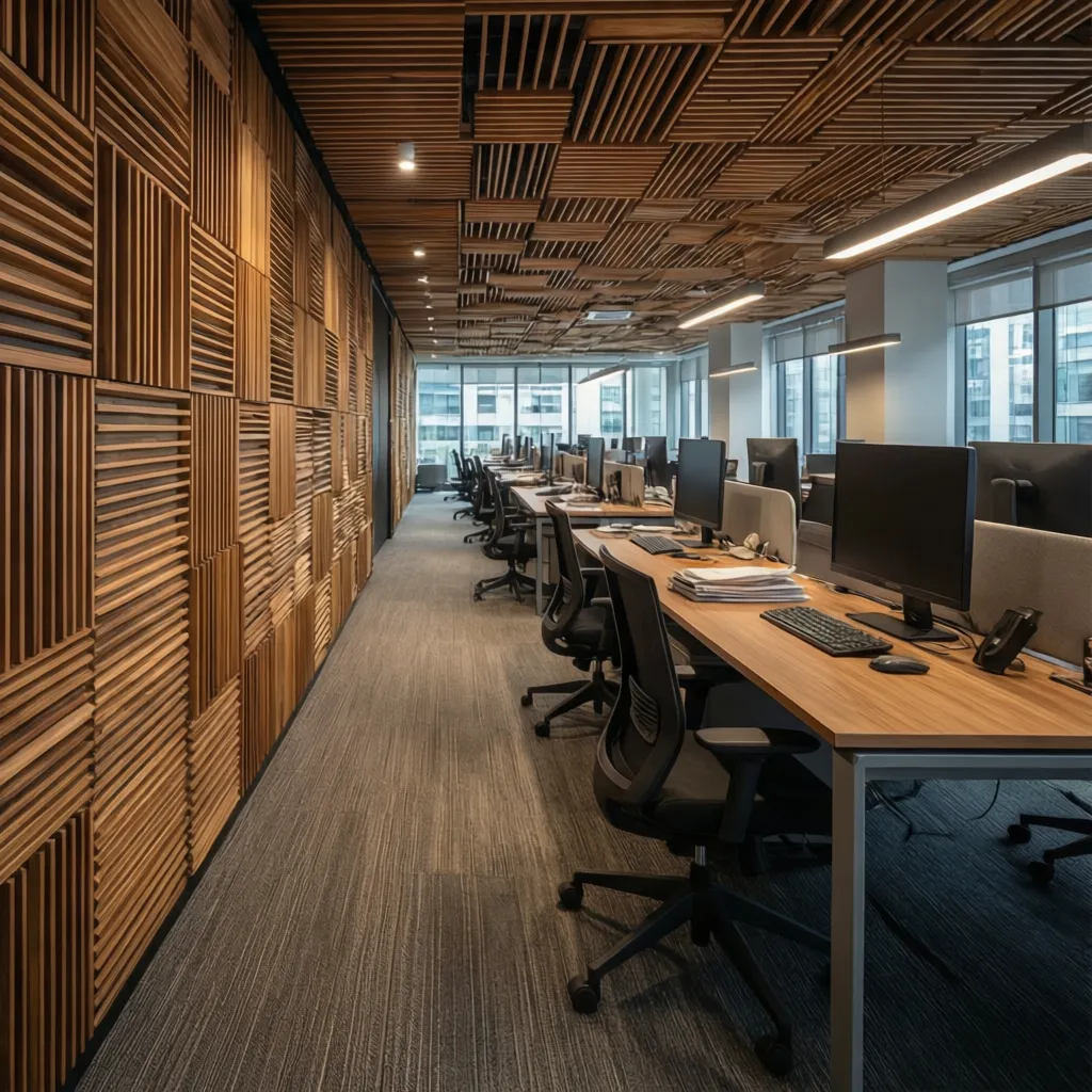 Interior de oficina con paneles acústicos de madera y diseño contemporáneo