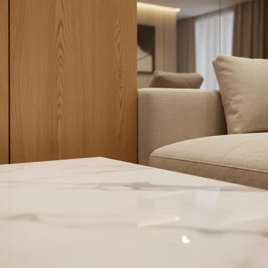 Detalle de materiales de alta gama en interior con madera, mármol y textiles elegantes