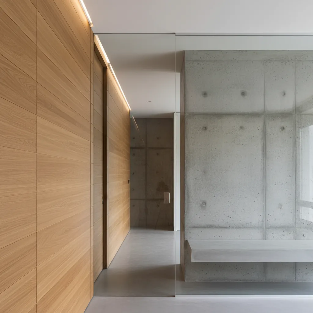 Detalle de materiales modernos como madera, hormigón y vidrio