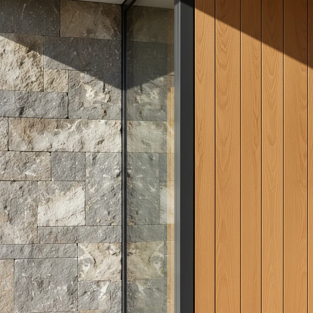 Detalle de materiales modernos como piedra, madera y vidrio en arquitectura
