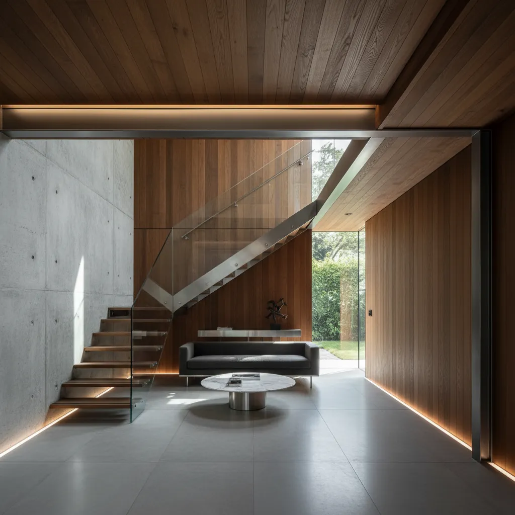 Interior moderno con hormigón visto y madera natural