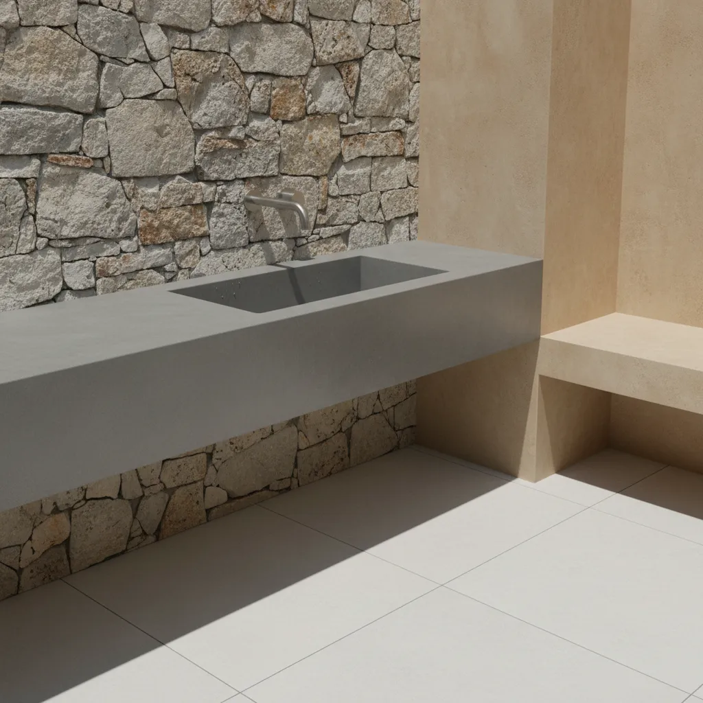 Materiales resistentes para baños exteriores como porcelánico y piedra