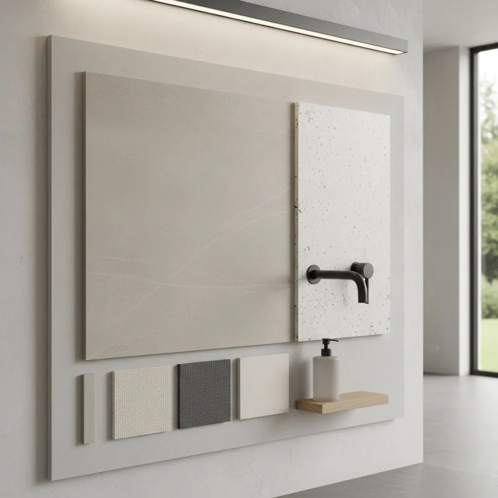 Detalle de materiales modernos para baño como porcelánico, piedra y grifería negra