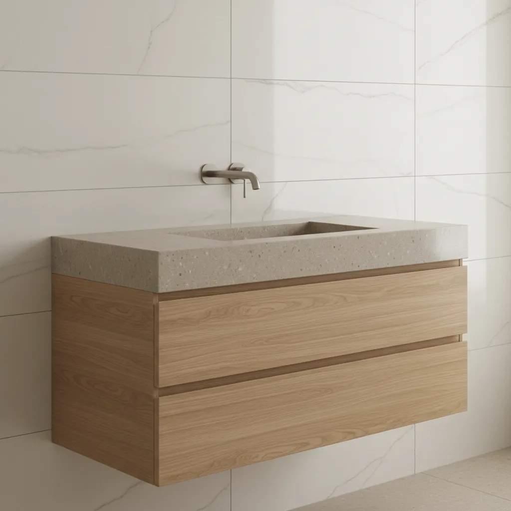 Wall mounted wood bathroom cabinet with stone sink and metal faucet against white marble tiles