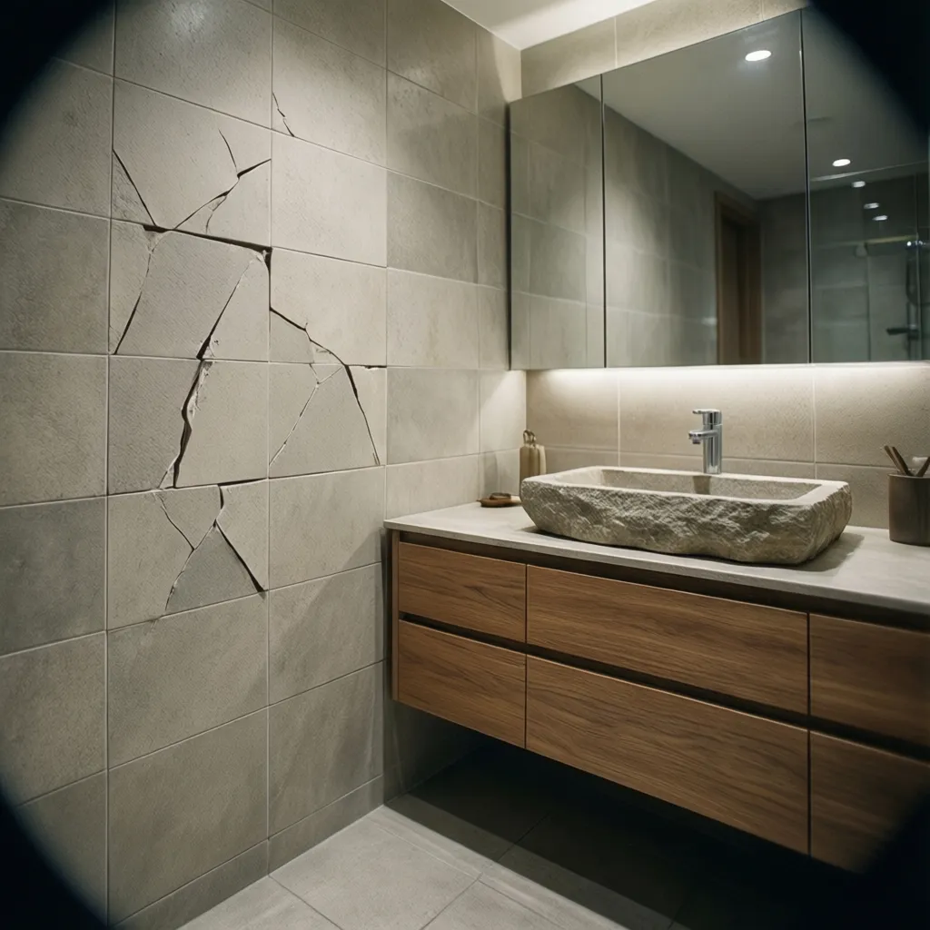 Bathroom area with stone sink wooden cabinet and a large crack in the beige wall