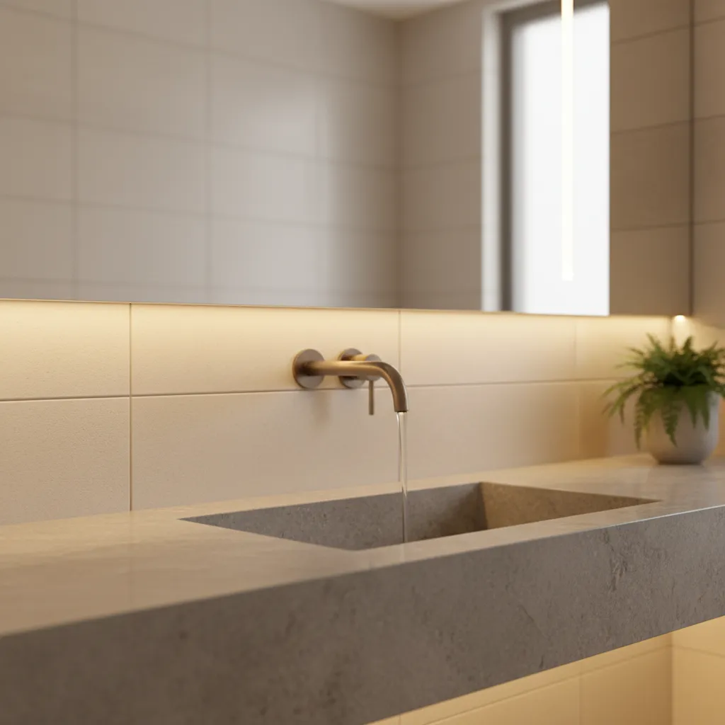 Modern stone sink with water running from a wall faucet and a small green plant