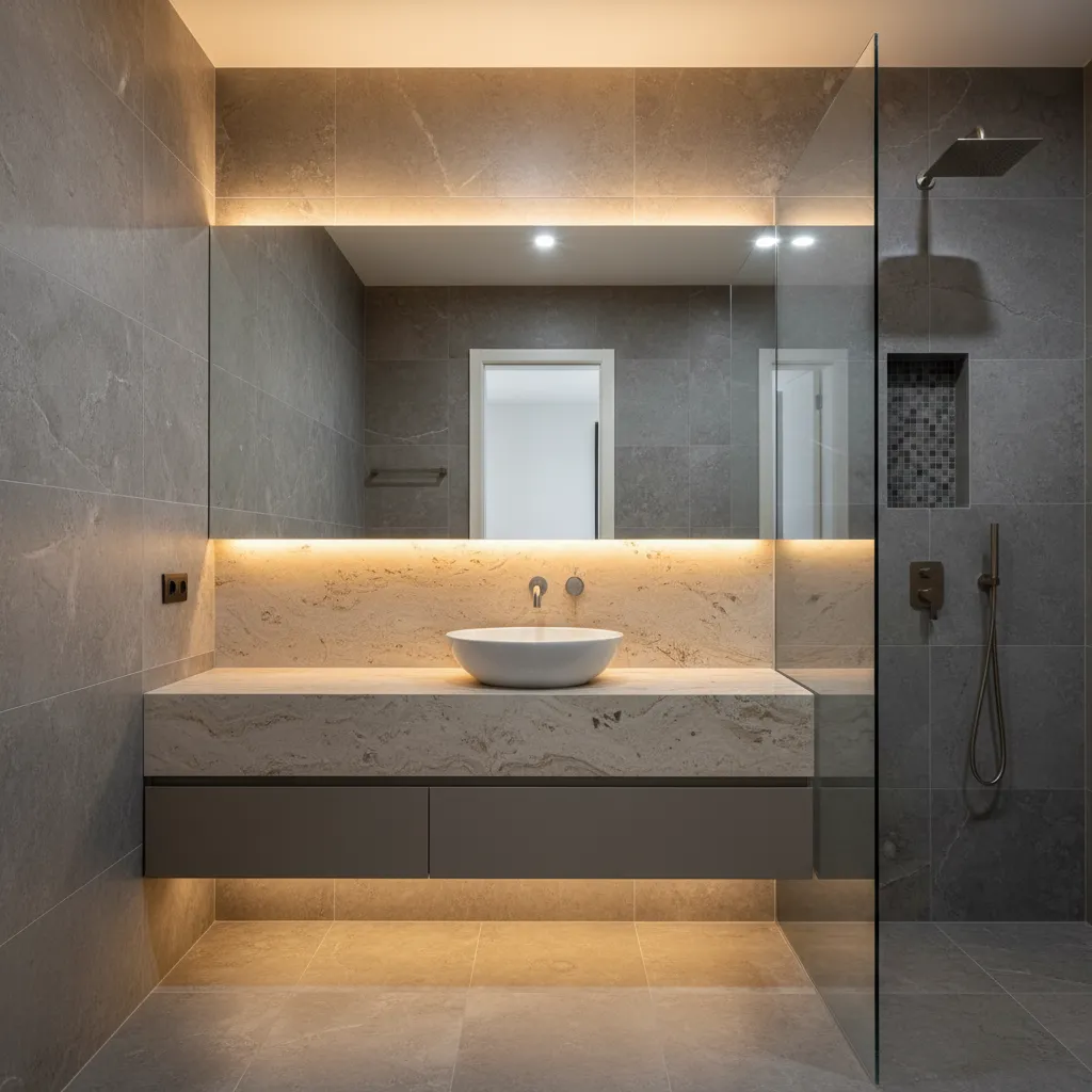 Detalle de materiales modernos en un baño contemporáneo